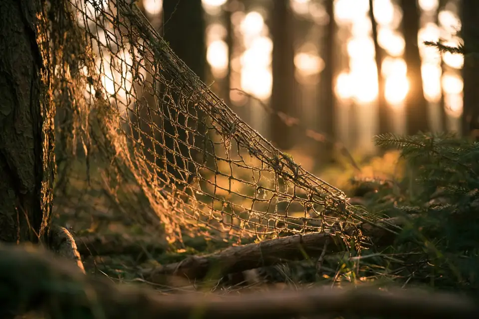 un filet de chasse rompu maille par maille, dans une forêt au crépuscule.