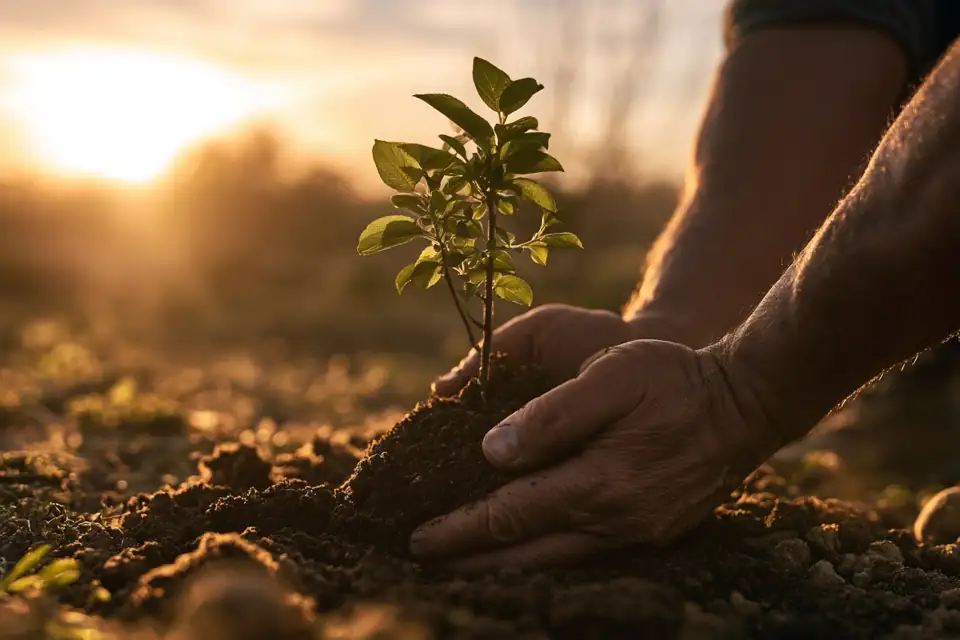 des mains qui plantent un jeune arbre dans une terre fraîche, au lever du soleil.