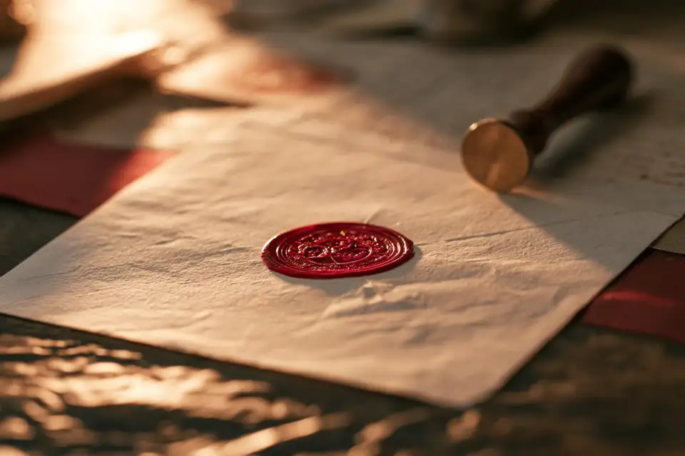 une lettre cachetée de cire rouge sur une table de campagne.