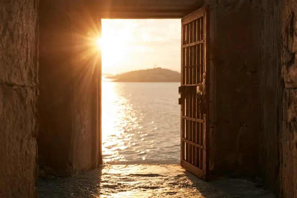 la porte d’une cellule entrouverte sur la lumière, sur une île.