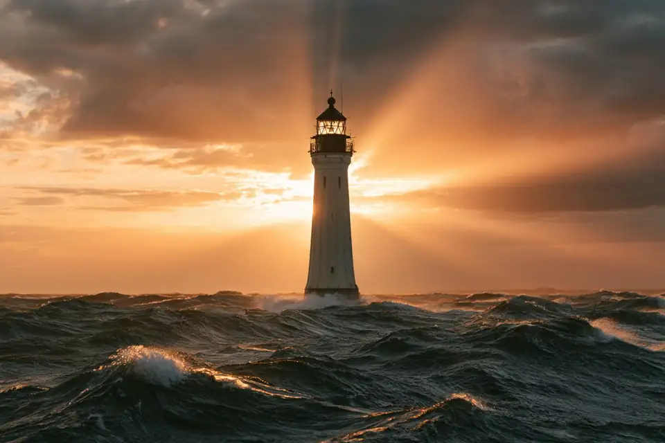 un phare dressé dans une mer démontée, la nuit.
