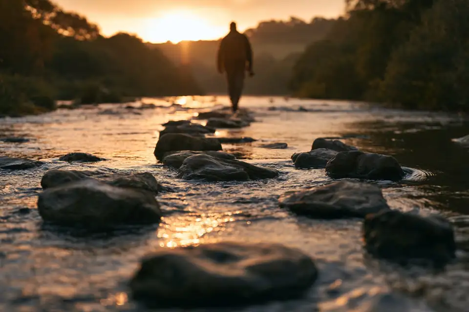 un gué de rivière au lever du jour, pierres émergées.