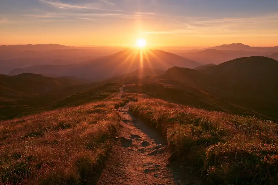 une étoile polaire au-dessus d’un sentier de montagne nocturne.