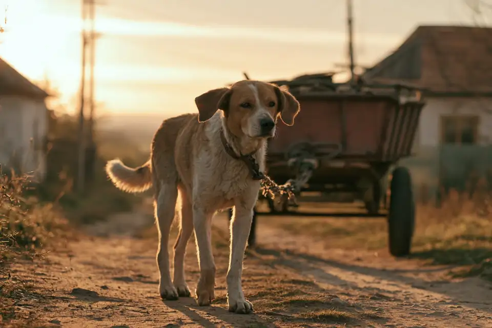 un chien attaché à une charrette, qui choisit de marcher à son rythme.