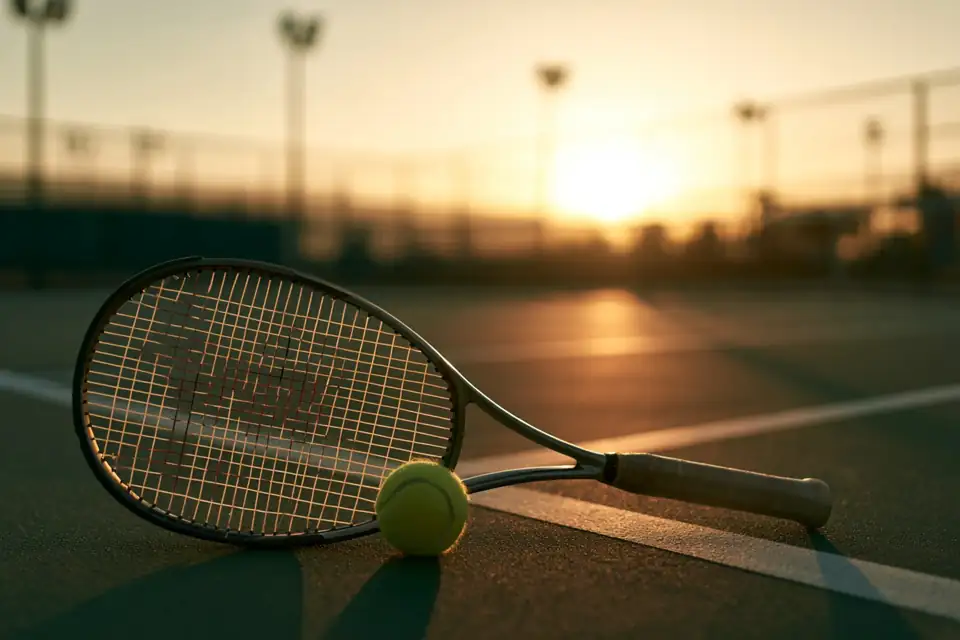 un court de tennis vide sous les projecteurs, une raquette posée sur la ligne.