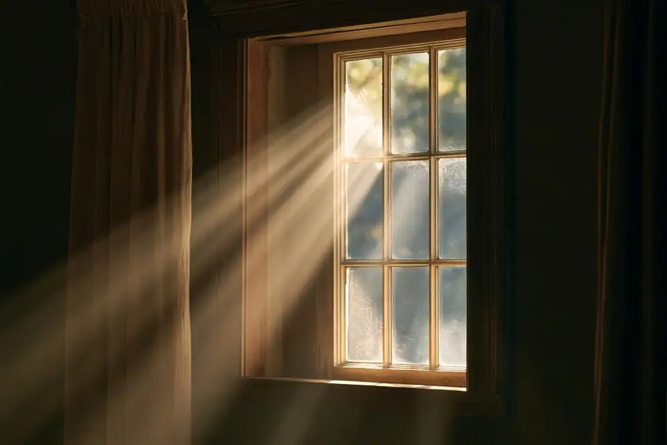 un rayon de lumière traversant une fenêtre étroite dans une maison simple.