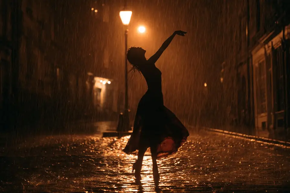 une silhouette qui danse seule sous une pluie battante, dans une rue pavée éclairée par un réverbère.