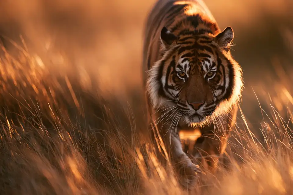 un tigre qui avance dans les hautes herbes au crépuscule, regard fixe.