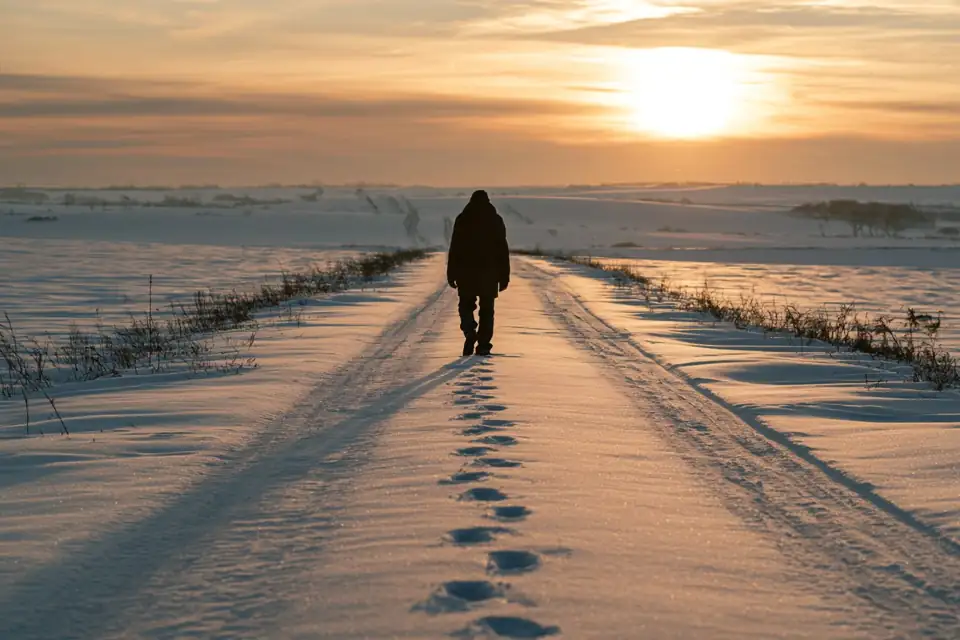 un homme sur un chemin de campagne qui se retourne un instant vers ses traces dans la neige.