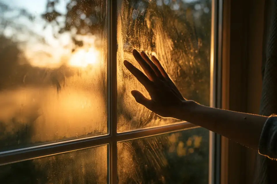 une vitre embuée qu’une main essuie, révélant un paysage lumineux.