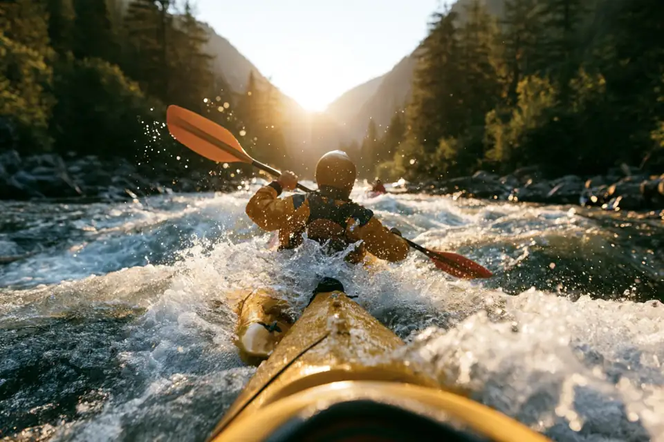 un kayakiste qui suit le courant d’une rivière rapide au lieu de lutter contre.