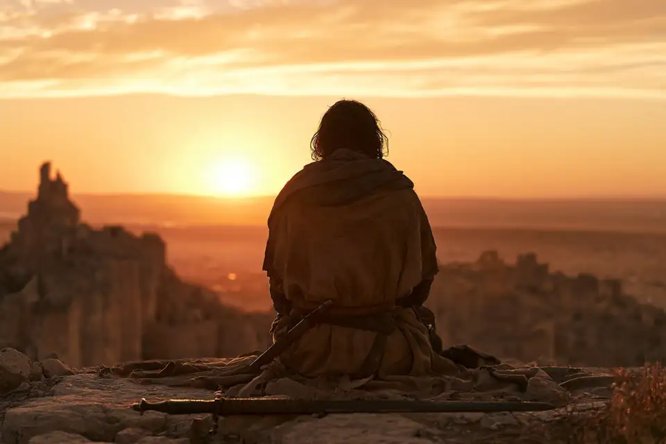 les remparts d’une cité antique au coucher du soleil, un guerrier seul assis, l’épée posée.