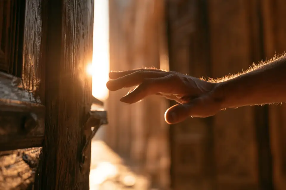 une main hésitante devant une grande porte de bois entrouverte, de la lumière derrière.