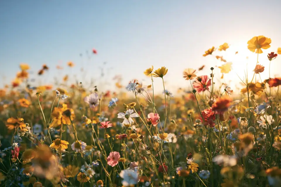 champ de fleurs sauvages au vent, ciel dégagé.
