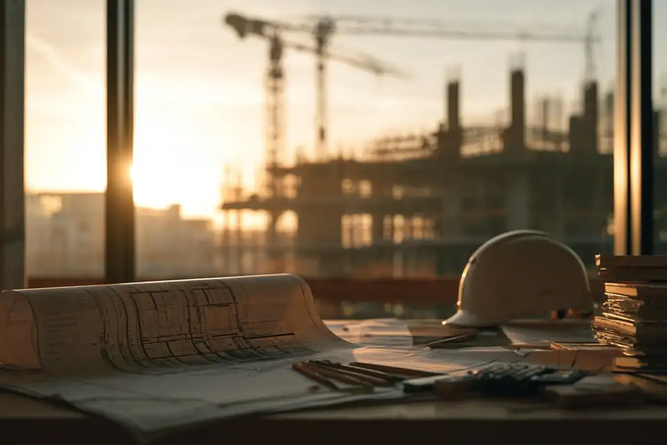 un plan d’architecte sur une table, et par la fenêtre le bâtiment achevé.