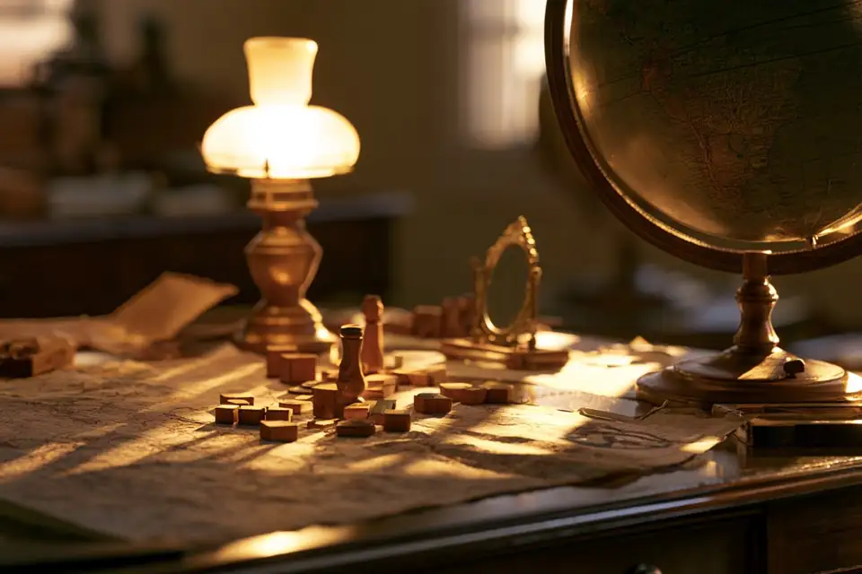 une table de stratège éclairée par une lampe, une carte, des pions de bois et un miroir posé à côté.
