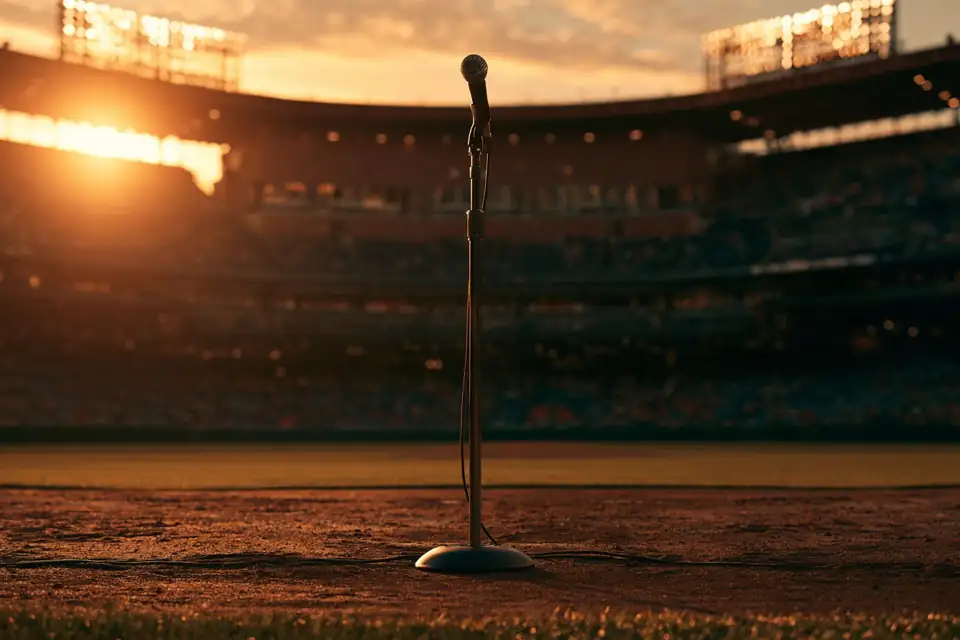 un stade de base-ball illuminé, un micro seul sur le terrain.
