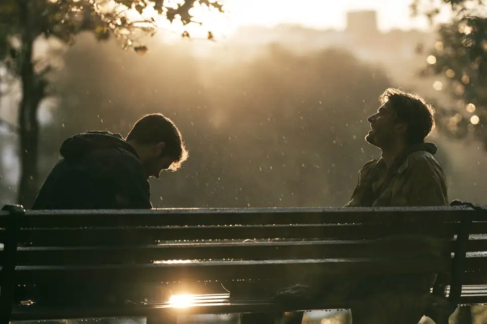 deux hommes assis sur le même banc sous la pluie, l’un tête baissée, l’autre qui sourit en regardant le ciel.