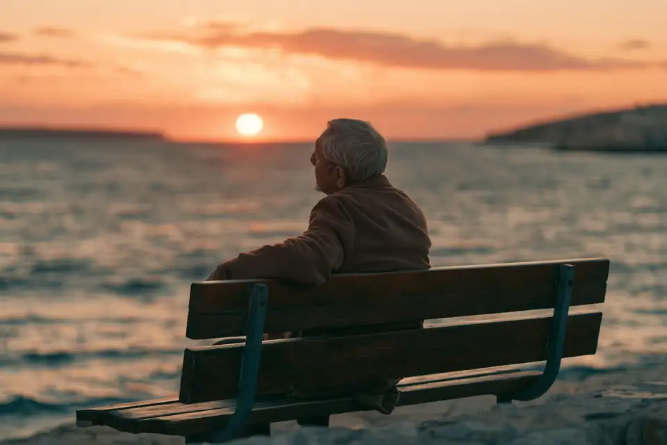 un vieil homme assis sur un banc face à la mer, au soleil couchant.