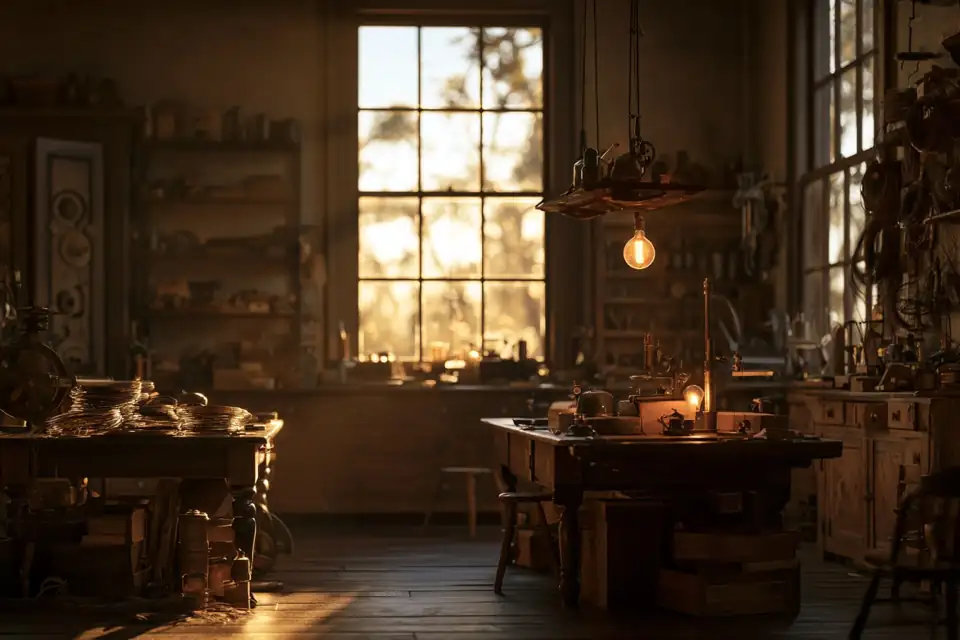 atelier encombré d’Edison à Menlo Park, établis et fils.