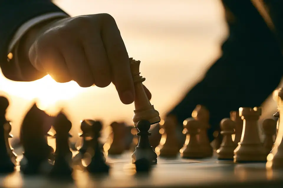 un joueur d’échecs qui avance une pièce avec détermination, lumière rasante sur l’échiquier.
