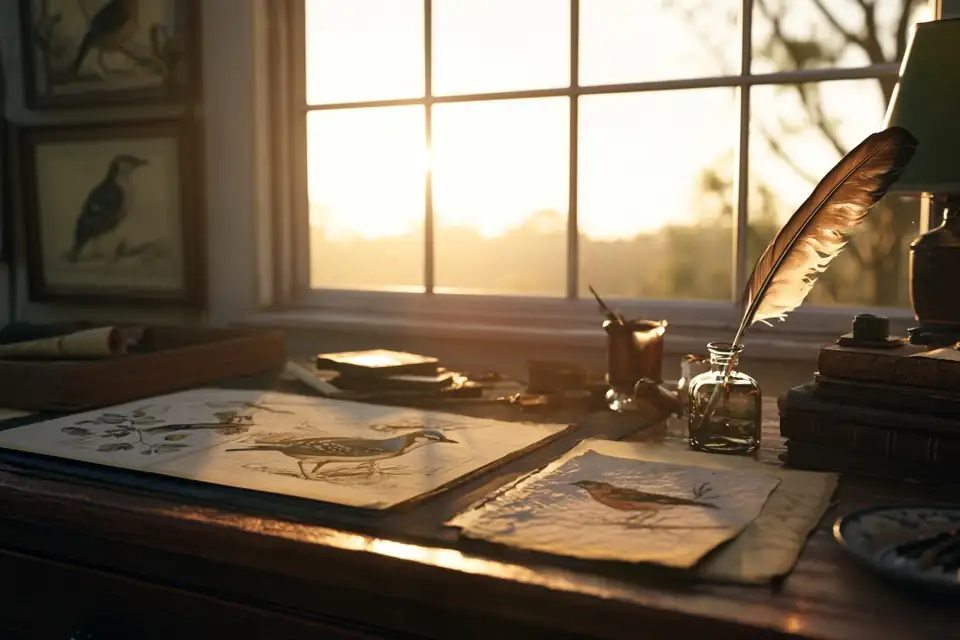 un cabinet de naturaliste à l’aube, des planches d’oiseaux et une plume sur un bureau.