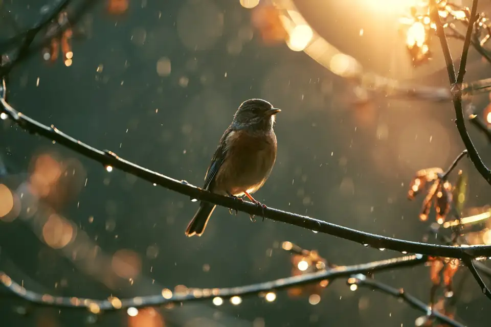 un petit oiseau posé sur une branche sous la pluie.