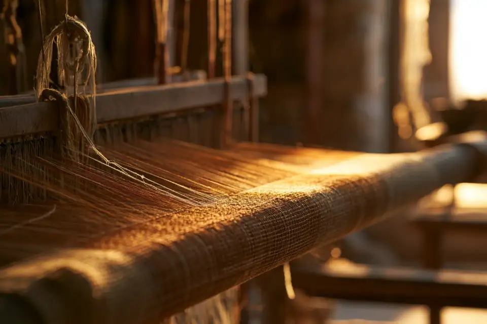 un métier à tisser ancien, des fils sombres et dorés qui forment un motif.