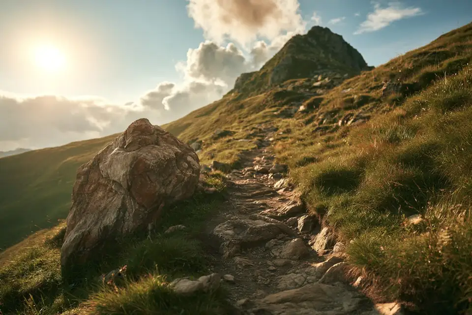 un sentier de montagne qui contourne un rocher éboulé et continue plus haut.