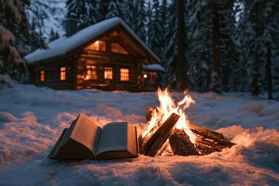 une cabane en rondins dans la neige, un livre ouvert près du feu.