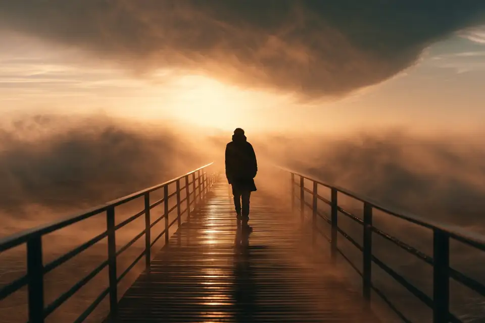 une silhouette debout, seule, sur un pont, face à un vent violent.