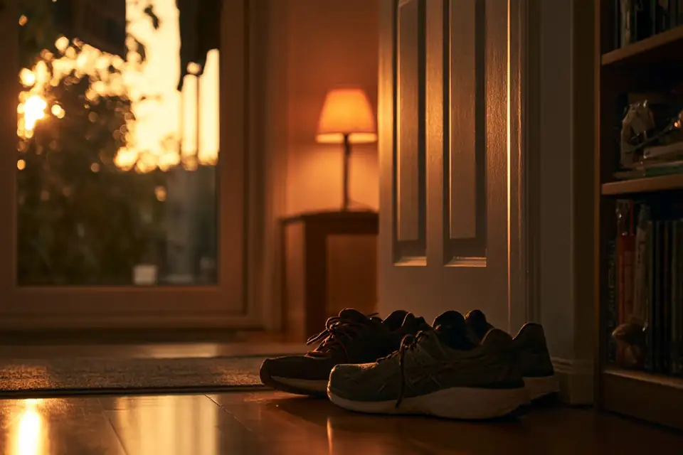 un réveil indiquant 4 h 30, une paire de chaussures de sport alignée près de la porte.