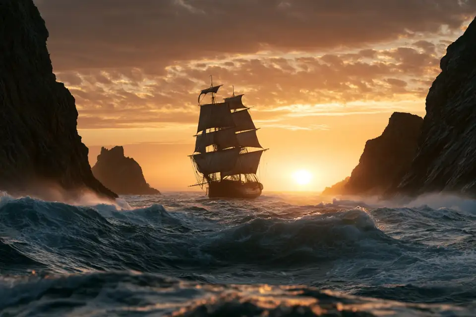 un navire antique qui franchit une passe rocheuse dans une mer agitée.