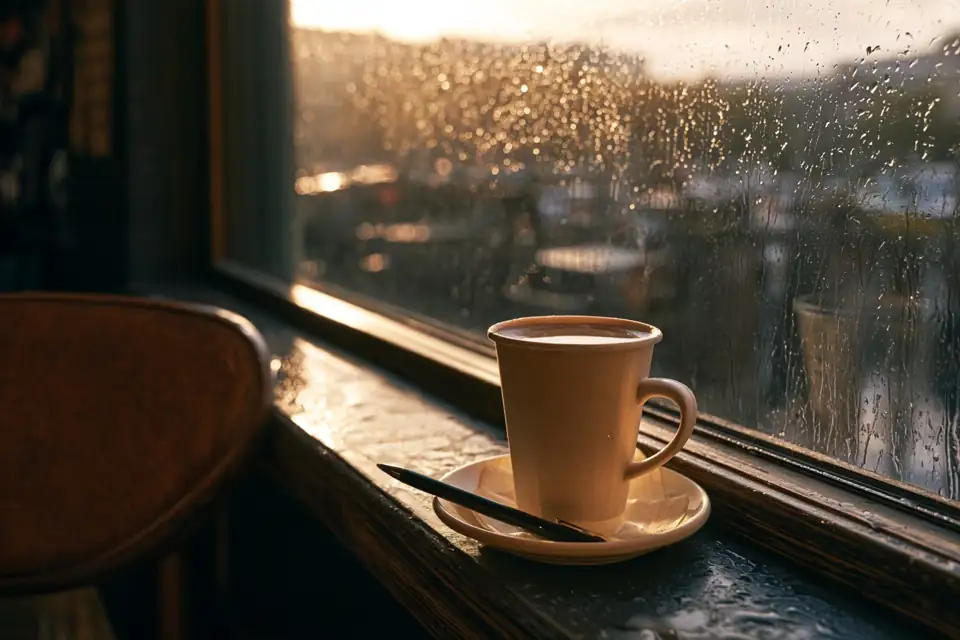 une table de café avec un carnet couvert de ratures et une tasse refroidie, pluie sur la vitre.