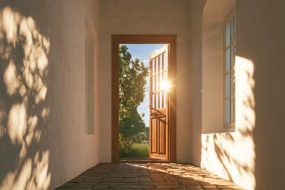 une porte étroite au fond d’un couloir sombre, laissant passer la lumière.