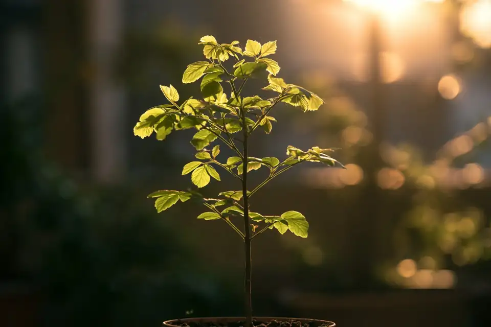 jeune arbre planté dans une cour, premier feuillage.