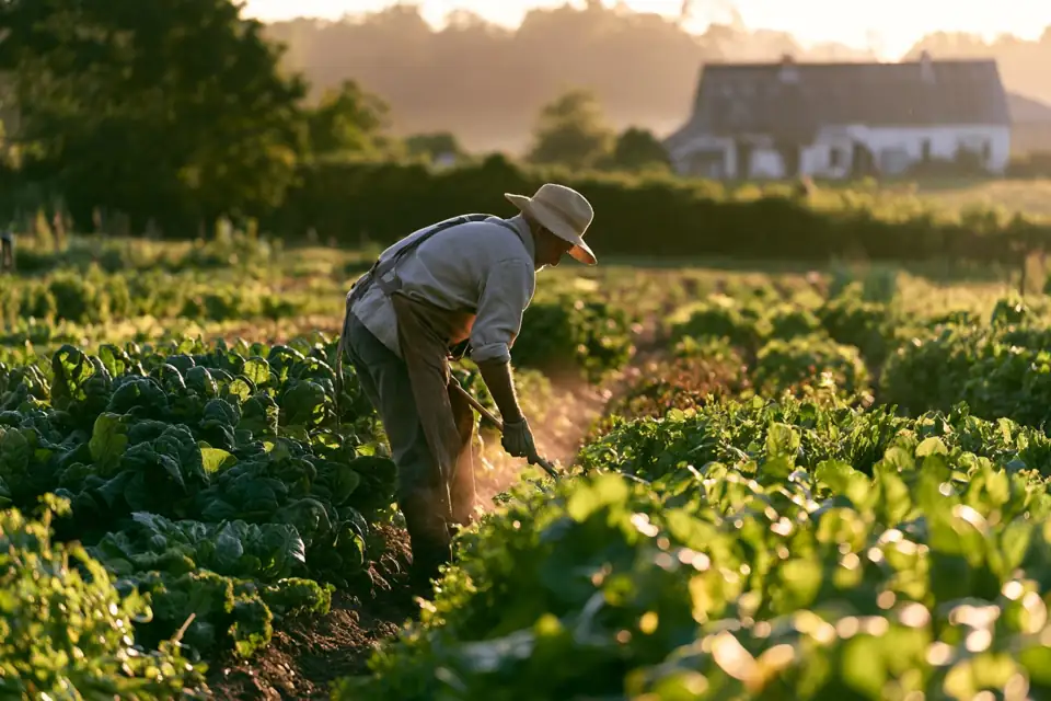 un vieux jardinier au travail dans un potager ensoleillé, près d’une petite ferme.