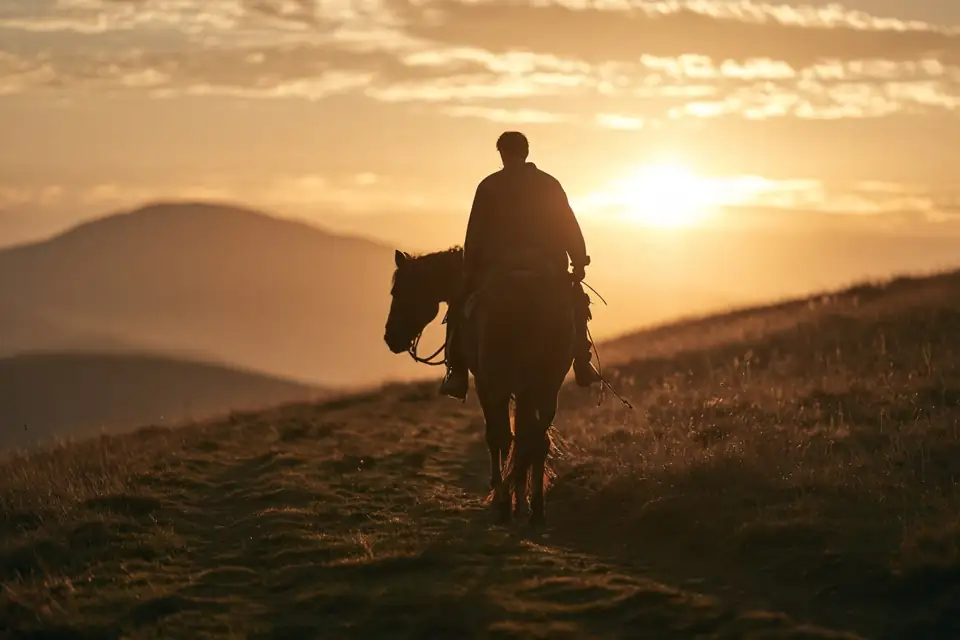 un cavalier menant son cheval à la bride sur un chemin de montagne, au crépuscule.