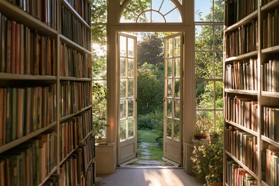 une porte entrouverte au fond d’une bibliothèque sombre, de la lumière qui passe.