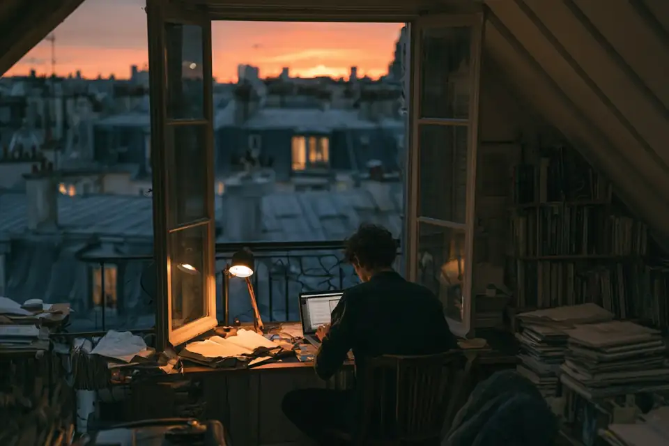 une mansarde parisienne en hiver, une étudiante qui travaille à la lueur d’une lampe.