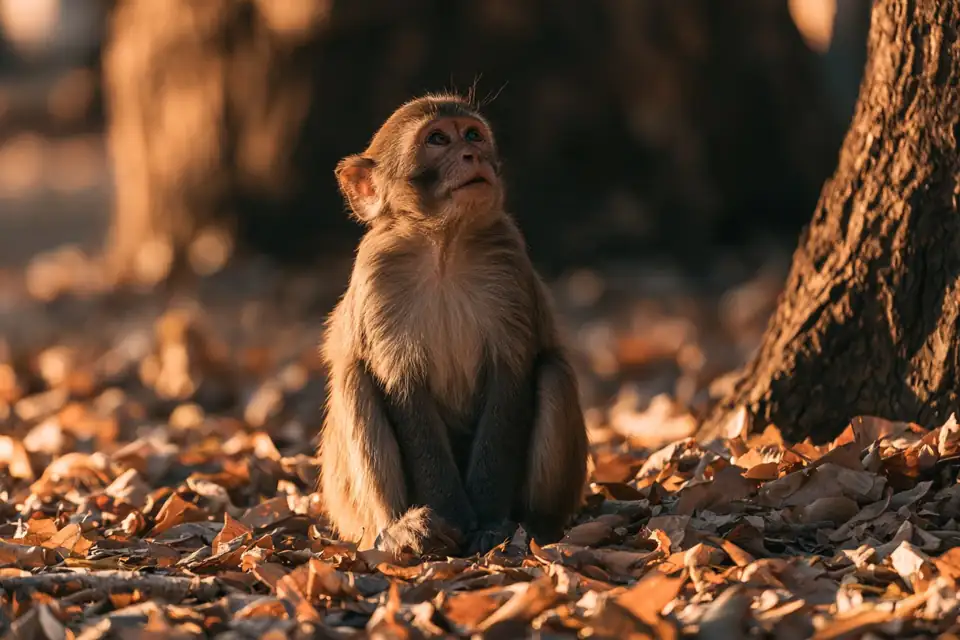 un singe assis au pied d’un arbre, l’air surpris, feuilles qui tombent autour de lui.