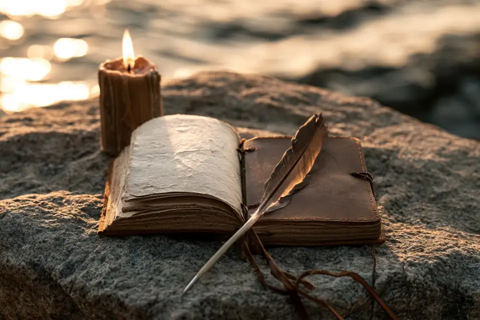 un carnet de cuir ouvert sur une pierre, une plume, lumière de bougie.