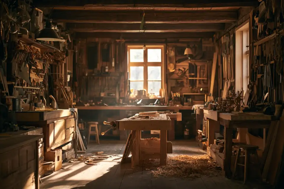 atelier rangé en fin de journée, outils nettoyés, lumière basse.
