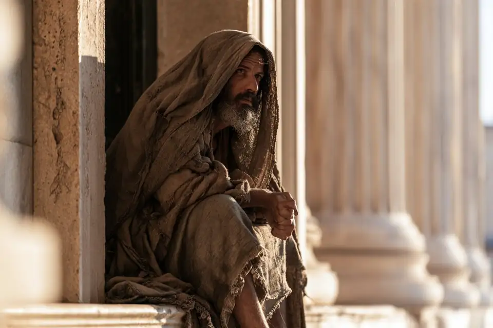un mendiant couvert d’un manteau usé, assis au seuil d’un palais grec, le poing serré.