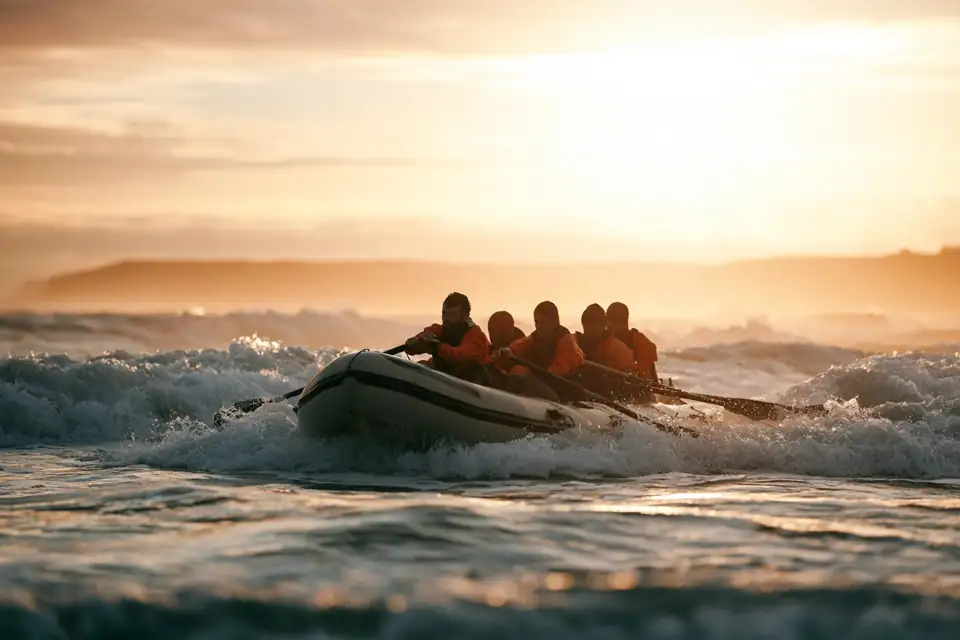 des rameurs dans un canot pneumatique dans les vagues, un chef à l’avant.
