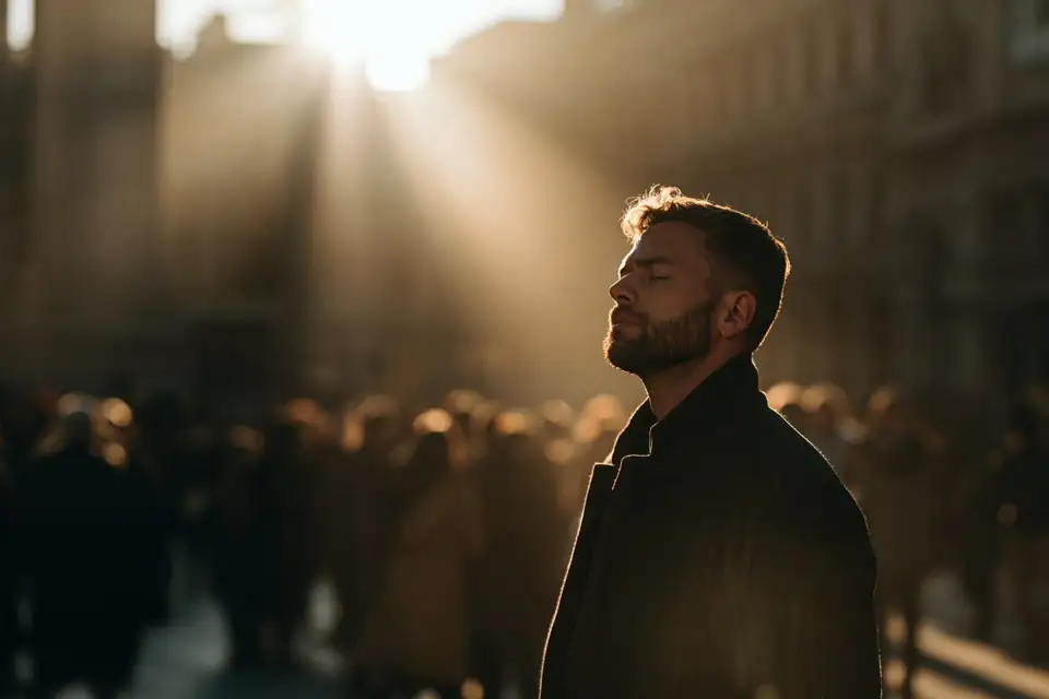 un homme seul sur une place bruyante, les yeux fermés, dans un rayon de lumière.