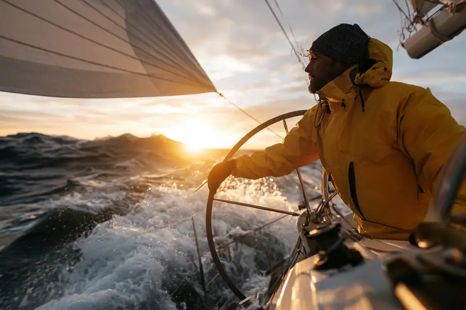 un homme qui reprend la barre d’un voilier dans une mer agitée.