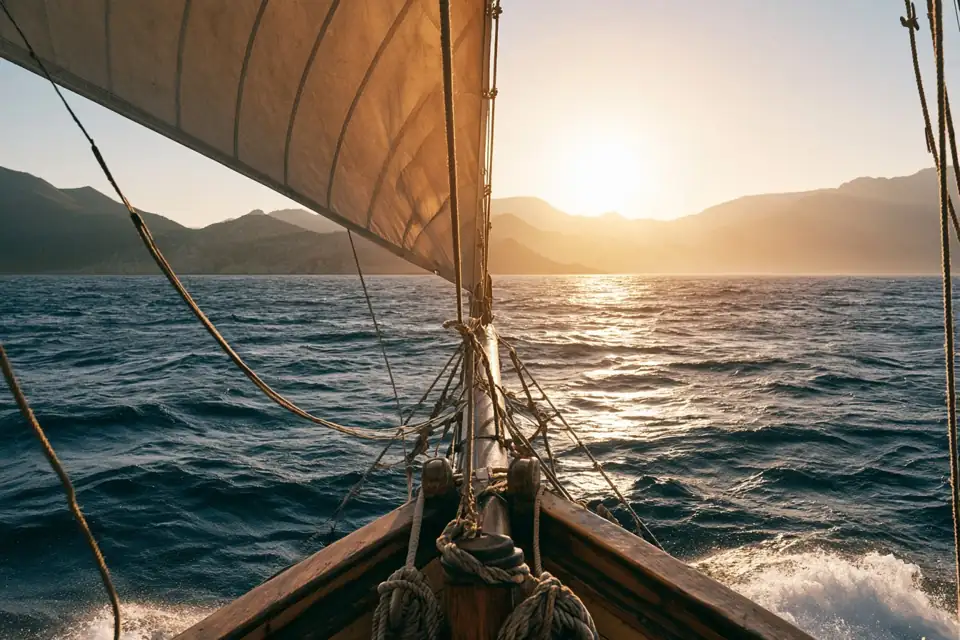 proue de bateau, horizon vide, mer ouverte.