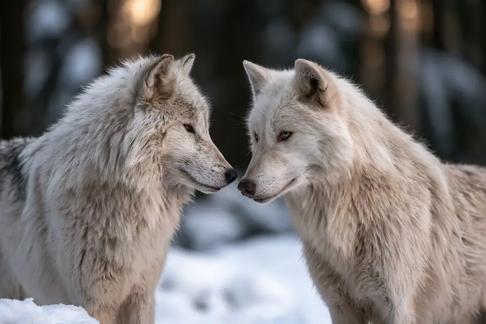 deux loups, l’un sombre, l’autre clair, face à face dans une forêt enneigée.