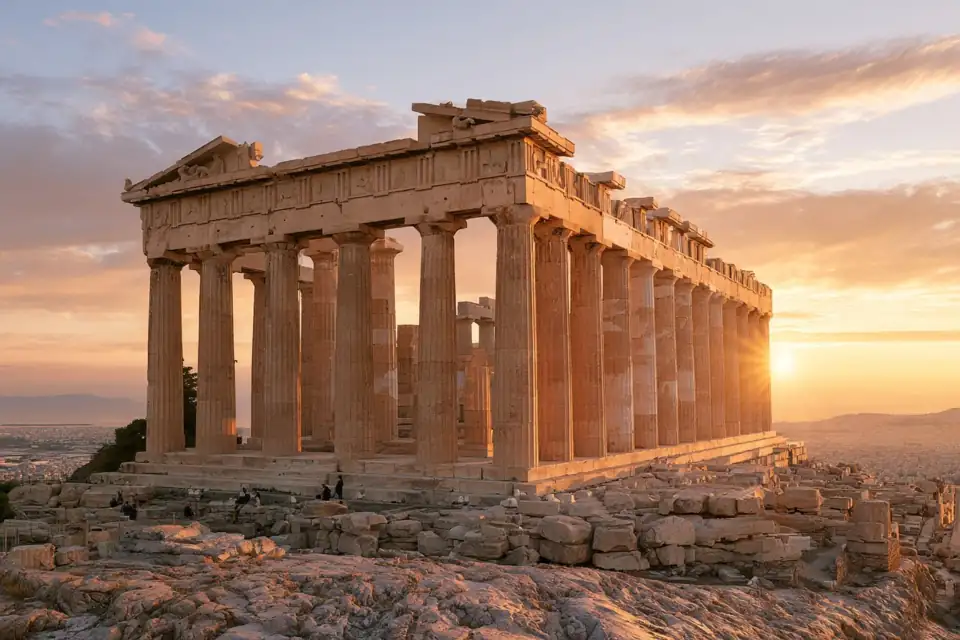 le Parthénon au lever du soleil, une foule silencieuse sur l’Acropole.